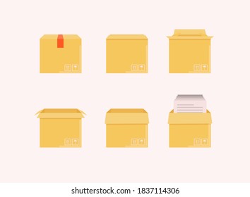 Embalaje de entrega de cartón abierto y caja cerrada con signos frágiles. Juego de simulación de caja de cartón.