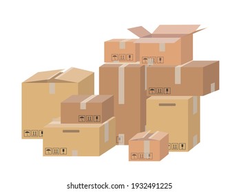 Carton Delivery Packaging Open And Closed Box With Fragile Signs. Shipping Parcel Packaging Templates Collection.