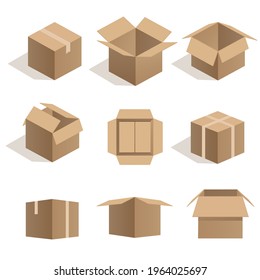 Carton delivery packaging open and closed box with fragile signs. Cardboard box mockup set.