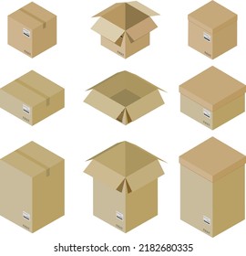 Carton delivery packaging open and closed box with fragile signs. Cardboard box mockup set.