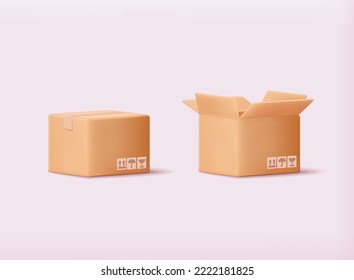 Carton delivery packaging open and closed box with fragile signs. Cardboard box mockup set. 3D Web Vector Illustrations.