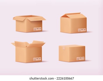Embalaje de entrega de cartón abierto y caja cerrada con signos frágiles. Juego de simulación de caja de cartón. Ilustraciones de vectores 3D.