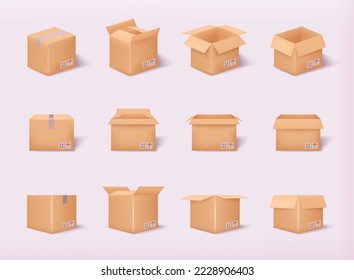 Carton delivery packaging open and closed box with fragile signs. Cardboard box mockup set. 3D Web Vector Illustrations. 