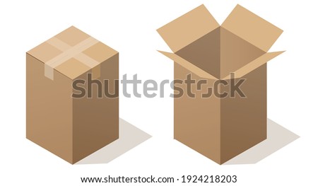 Carton delivery packaging open and closed box with fragile signs. Cardboard box mockup set.