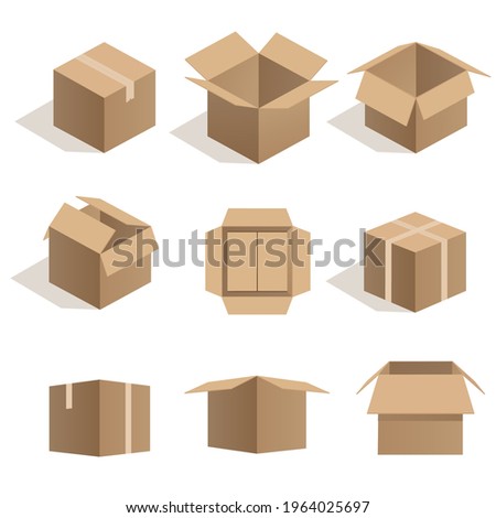 Carton delivery packaging open and closed box with fragile signs. Cardboard box mockup set.