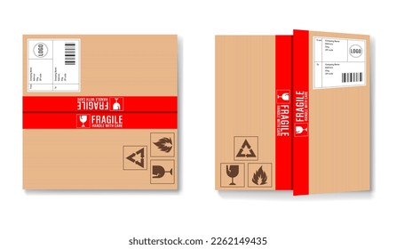 Carton delivery packaging with red adhesive tape marked fragile - Shipment  cardboard box vector illustration