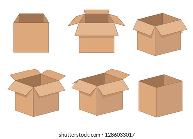 Carton delivery and storage packaging open box set. Vector illustration isolated on white background