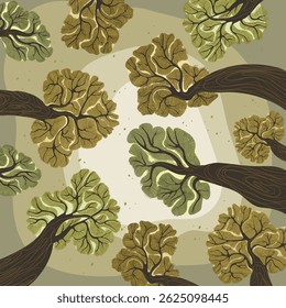 Vista da floresta de papelão de baixo, árvores desenhadas à mão e pontos. Ilustração vetorial.
