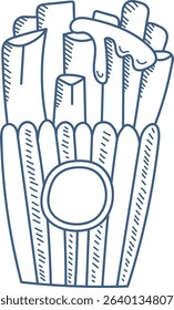 A carton of fries with sauce drawn in a sketchy style. Hand-drawn lines create a playful depiction of fast food. Cartoon vector illustration.