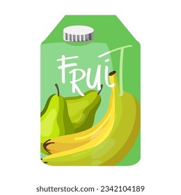 Carton fruit juice vector illustration. Ripe pears and yellow banana fruit puree, juice in box on white background. Beverage, shopping concept