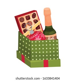 Carton Gift Box with Bottle of Champagne and Box of Chocolate Sweets Vector Illustration