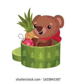 Carton Gift Box with Teddy Bear and Christmas Ball Vector Illustration
