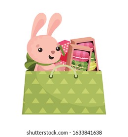 Carton Gift Package with Macaroons and Rabbit Fluffy Toy Vector Illustration