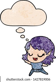 carton happy elf girl dancing with thought bubble in grunge texture style