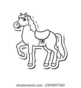 carton horse, black and white illustration, and coloring page on a white background. line drawing style