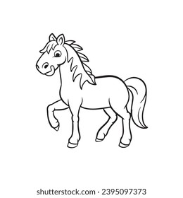 carton horse, black and white illustration, and coloring page on a white background. line drawing style