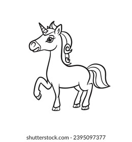 carton horse, black and white illustration, and coloring page on a white background. line drawing style