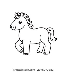 carton horse, black and white illustration, and coloring page on a white background. line drawing style