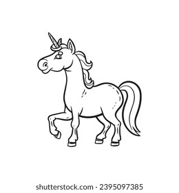 carton horse, black and white illustration, and coloring page on a white background. line drawing style