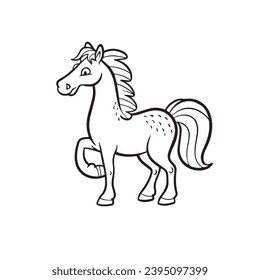 carton horse, black and white illustration, and coloring page on a white background. line drawing style