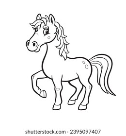 carton horse, black and white illustration, and coloring page on a white background. line drawing style