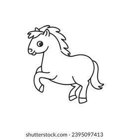 carton horse, black and white illustration, and coloring page on a white background. line drawing style