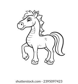 carton horse, black and white illustration, and coloring page on a white background. line drawing style