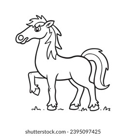 carton horse, black and white illustration, and coloring page on a white background. line drawing style