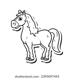 carton horse, black and white illustration, and coloring page on a white background. line drawing style