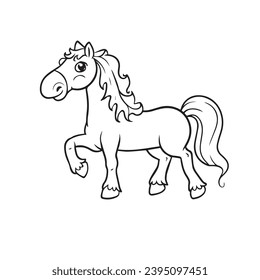 carton horse, black and white illustration, and coloring page on a white background. line drawing style