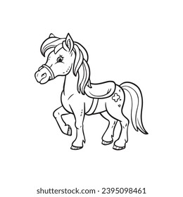 Carton horse, black and white illustration, and coloring page on a white background. line drawing style