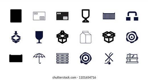 Carton icon. collection of 18 carton filled and outline icons such as fragile cargo, arrow up, box, parcel, cargo box. editable carton icons for web and mobile.
