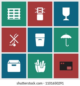 Carton icon. collection of 9 carton filled icons such as french fries, cargo box, cargo only in box allowed, parcel, box. editable carton icons for web and mobile.