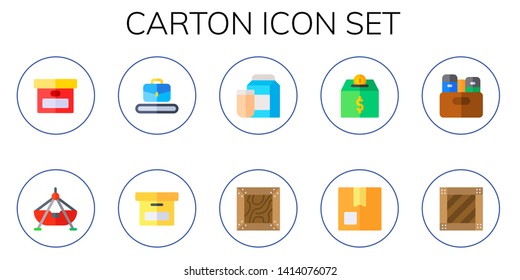 carton icon set. 10 flat carton icons.  Collection Of - box, fair ship, conveyor, milk, crate, package