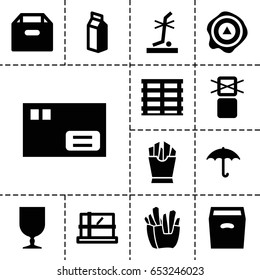 Carton icon. set of 13 filled cartonicons such as parcel, french fries, milk, cargo box, keep dry cargo, arrow up, no standing nearby