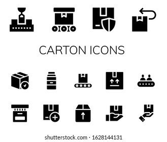 carton icon set. 14 filled carton icons. Included Conveyor, Package, Box, Milk icons