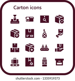 carton icon set. 16 filled carton icons.  Collection Of - Conveyor, Package, Cardboard, Box, Milk