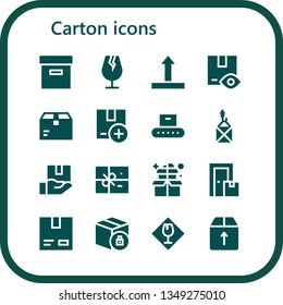 carton icon set. 16 filled carton icons.  Collection Of - Box, Fragile, Side up, Package, Conveyor, Cardboard