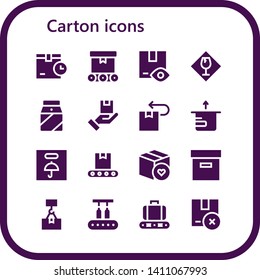 carton icon set. 16 filled carton icons.  Collection Of - Package, Conveyor, Fragile, Milk, Box