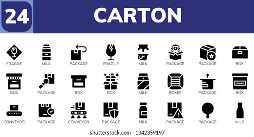 carton icon set. 24 filled carton icons.  Collection Of - Fragile, Milk, Package, Box, Boxes, Conveyor