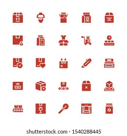 carton icon set. Collection of 25 filled carton icons included Milk box, Conveyor, Cutter, Package, Box, Milk, Handle