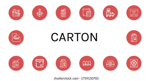 carton icon set. Collection of Conveyor, Unboxing, Pencil box, Box, Milk box, Milk, Cardboard Pizza Wrapping, Juice icons