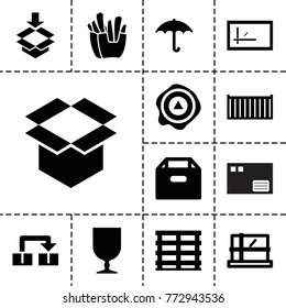 Carton icons. set of 13 editable filled carton icons such as parcel, box, french fries, cargo box, keep dry cargo, fragile cargo, arrow up