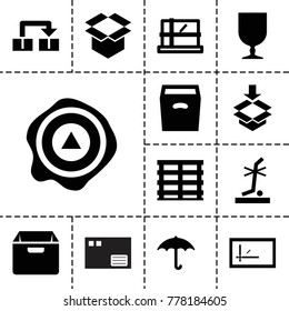 Carton icons. set of 13 editable filled carton icons such as parcel, cargo box, keep dry cargo, fragile cargo, box, arrow up, no standing nearby