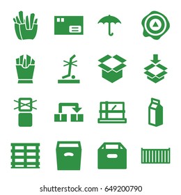 Carton icons set. set of 16 carton filled icons such as parcel, french fries, milk, cargo box, keep dry cargo, box, arrow up, no standing nearby, cargo only in box allowed