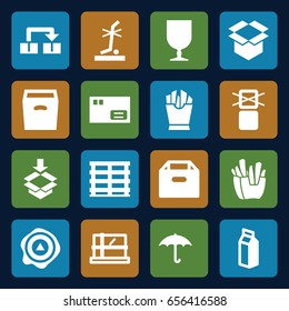 Carton icons set. set of 16 carton filled icons such as parcel, french fries, milk, cargo box, keep dry cargo, box, arrow up, no standing nearby