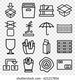 Carton icons set. set of 16 carton outline icons such as parcel, french fries, milk, cargo box, keep dry cargo, box, arrow up, no standing nearby