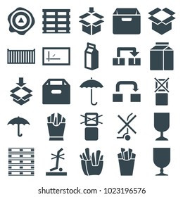 Carton icons. set of 25 editable filled carton icons such as box, french fries, milk, cargo box, keep dry cargo, arrow up, no standing nearby, object move