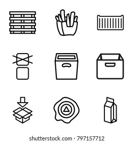 Carton icons. set of 9 editable outline carton icons such as french fries, milk, cargo box, arrow up, cargo only in box allowed