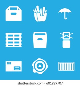 carton icons set. Set of 9 carton filled icons such as french fries, cargo box, keep dry cargo, arrow up, cargo only in box allowed, box
